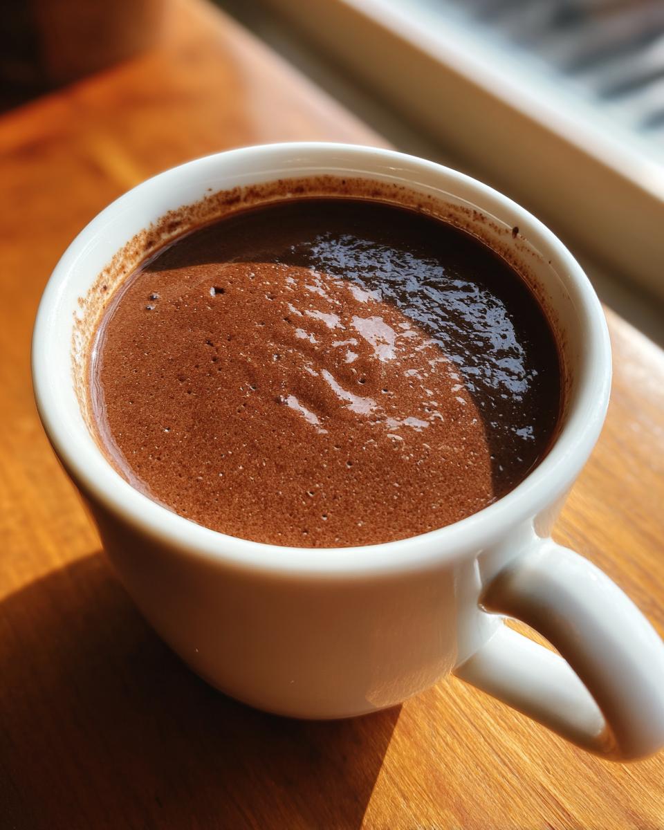 Close-up of thick, dark brown black bean soup served hot in a white mug on a wooden surface.