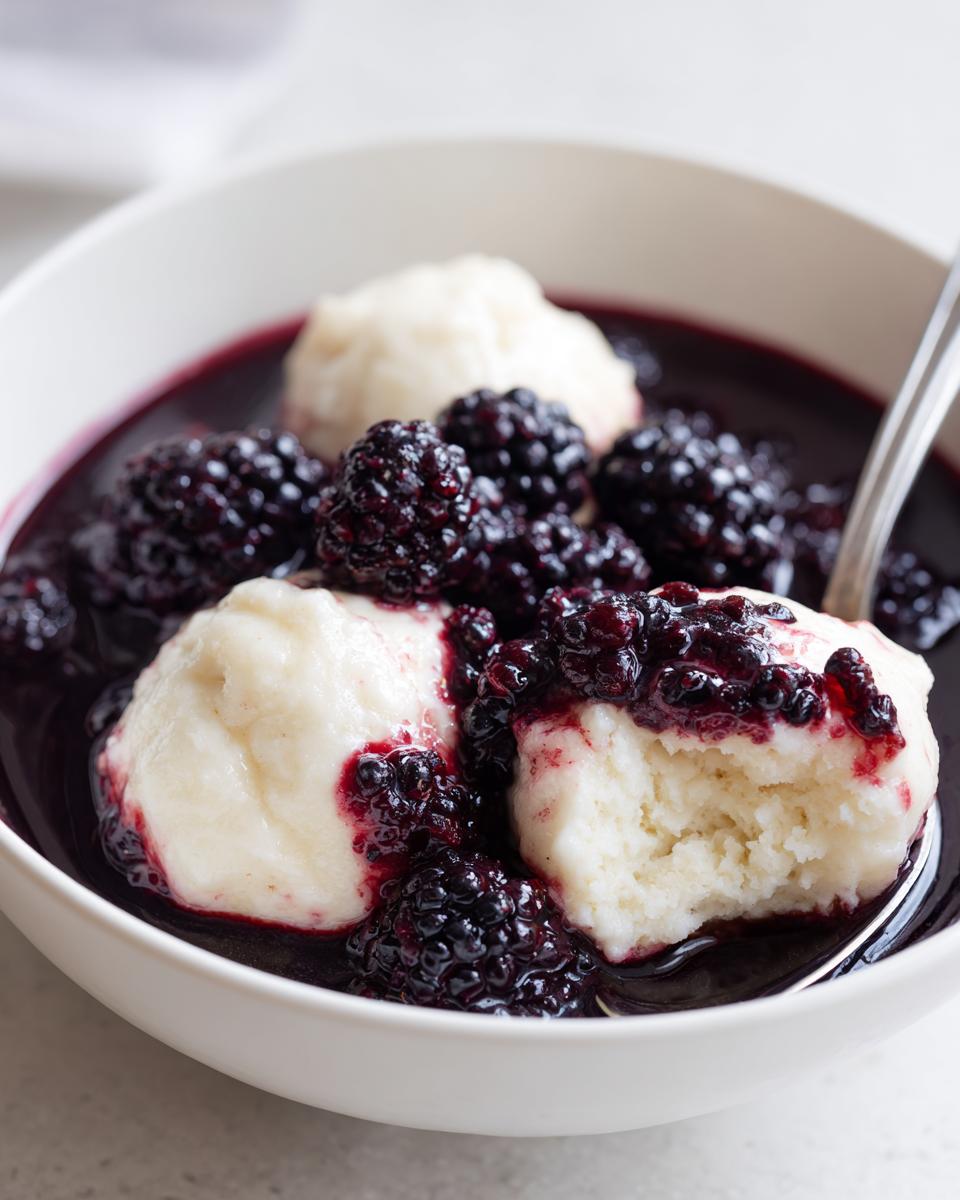 Close-up of fluffy white Blackberry Dumplings served in a rich, dark purple blackberry sauce with whole berries.
