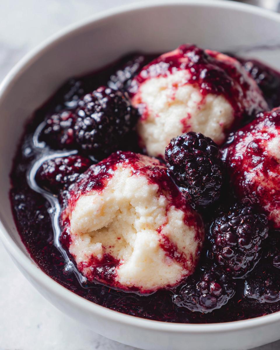 A close-up view of fluffy white dumplings served in a rich, dark purple sauce filled with fresh blackberries, showcasing the Blackberry Dumplings.