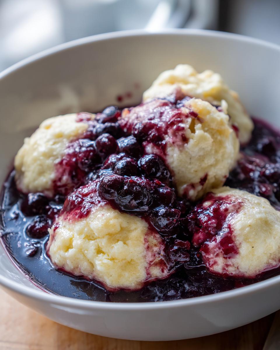 A close-up of fluffy, warm Blackberry Dumplings smothered in a rich, dark purple blackberry sauce in a white bowl.