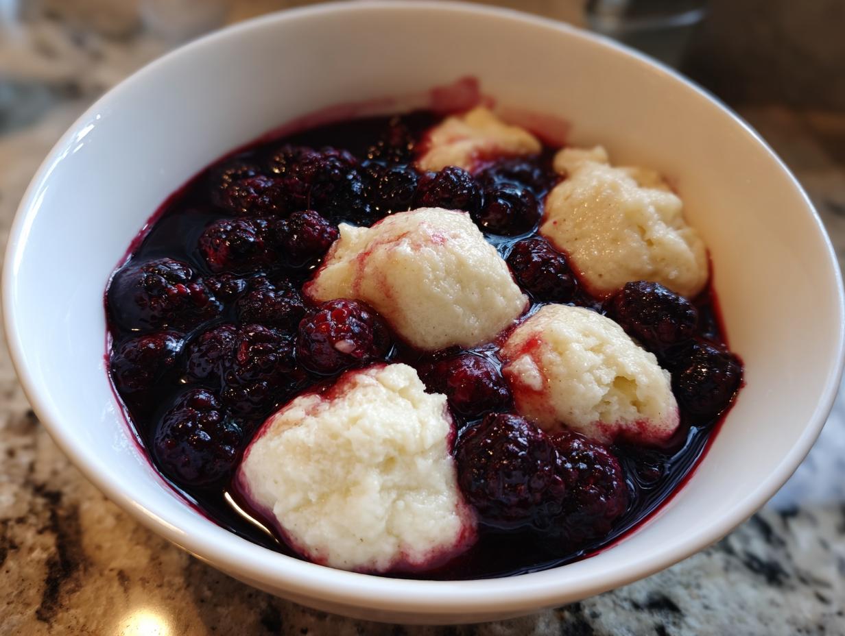 Close-up of a white bowl filled with rich, dark Blackberry Dumplings swimming in deep purple blackberry sauce.