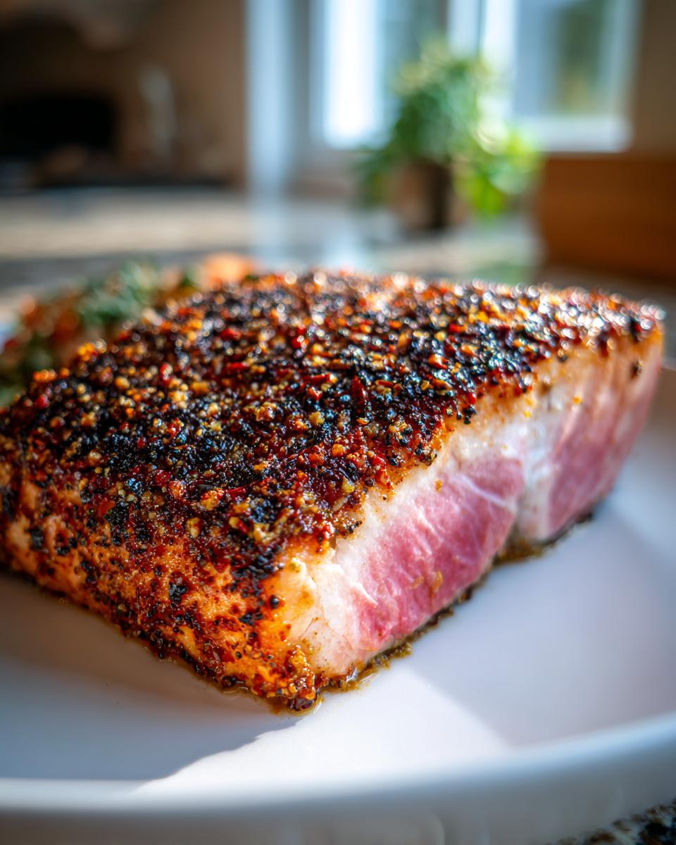 Close-up of a thick fillet of blackened salmon showing a dark, heavily spiced crust and pink interior.