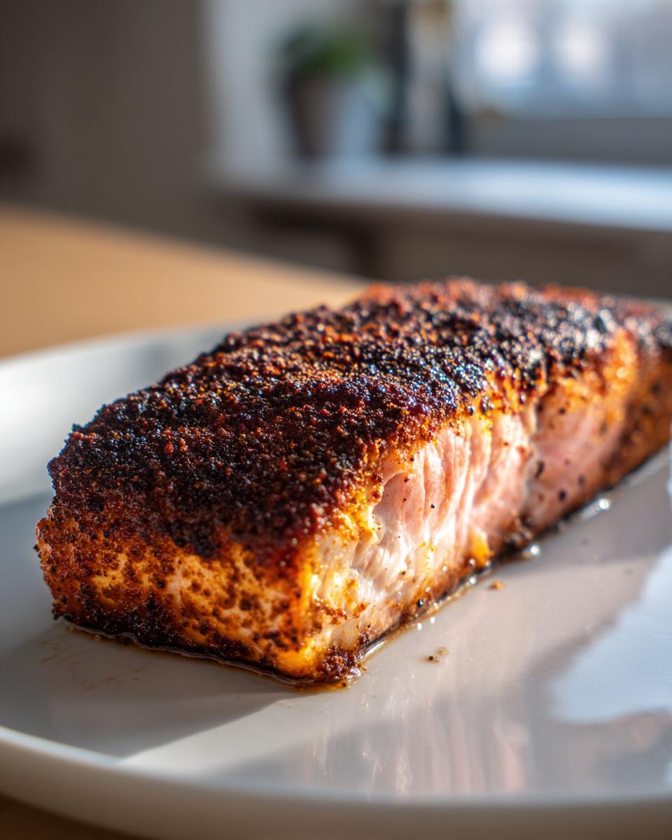 A close-up shot of a thick, perfectly cooked piece of blackened salmon resting on a white plate.