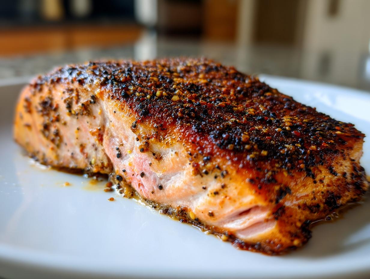 Close-up of a thick, juicy fillet of blackened salmon resting on a white plate, heavily seasoned.