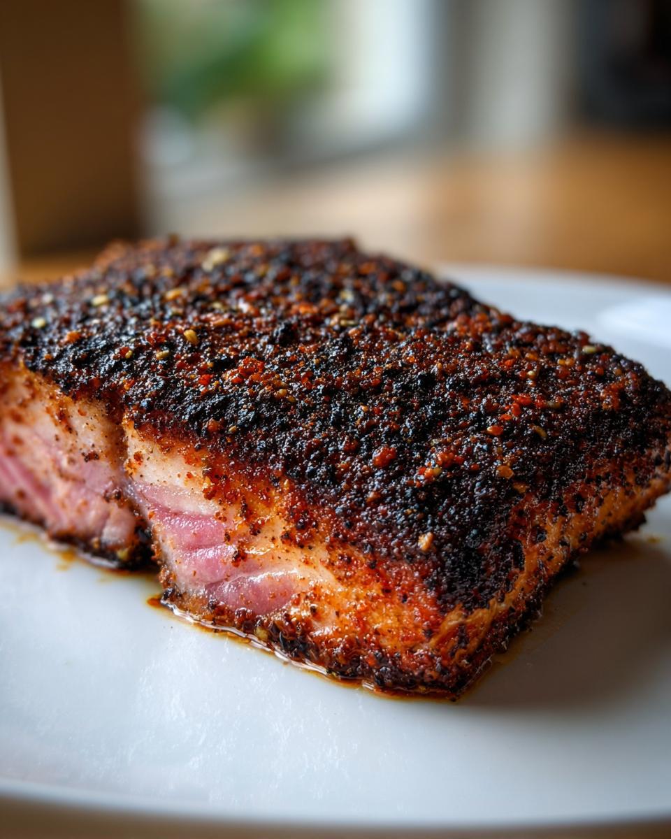 Close-up of a thick fillet of blackened salmon showing the dark, spicy crust and moist pink interior.