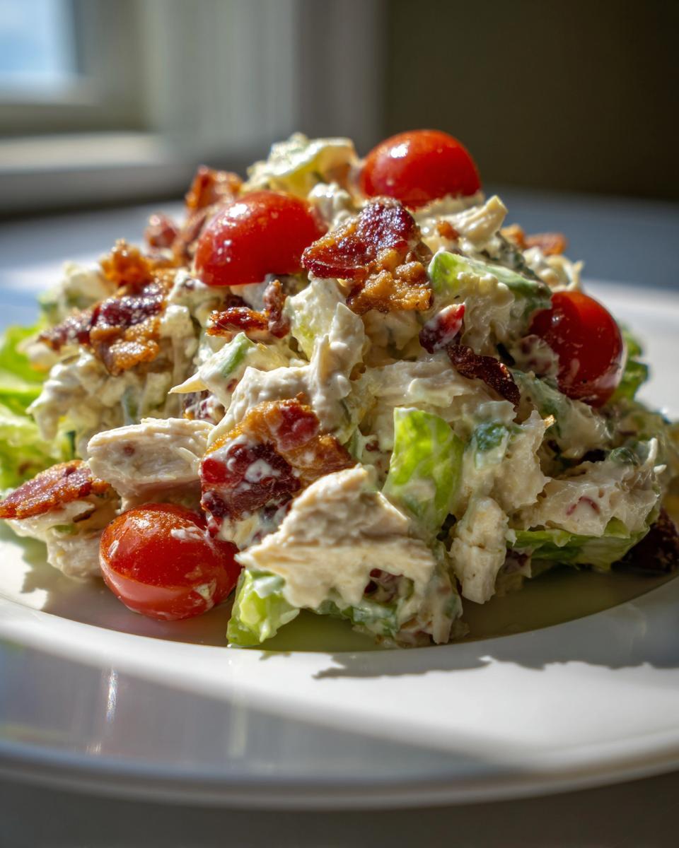 Close-up of a creamy BLT chicken salad piled high with chunks of chicken, celery, bacon bits, and cherry tomatoes on a white plate.