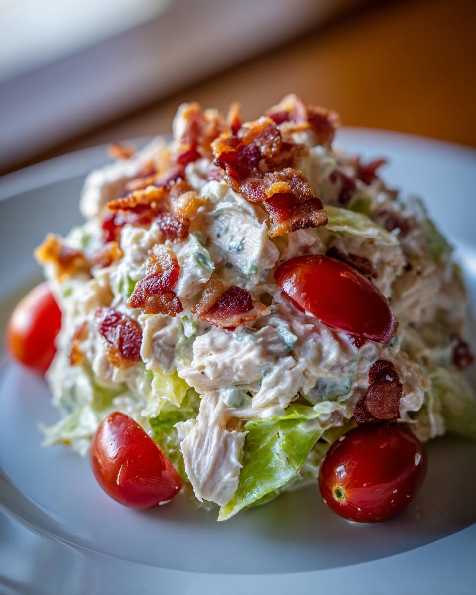A creamy mound of BLT chicken salad served over lettuce, garnished with cherry tomatoes and crispy bacon pieces.
