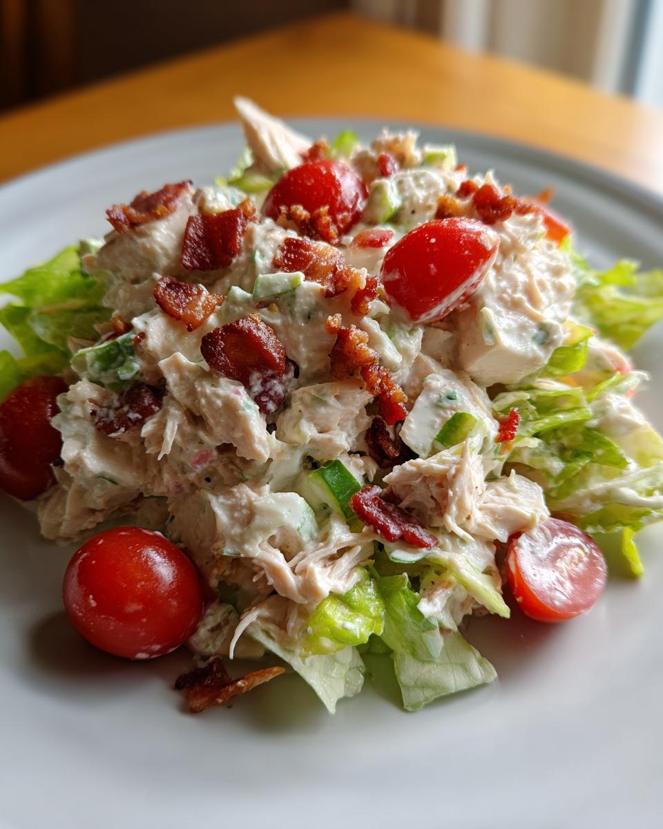 Close-up of creamy BLT chicken salad served over crisp lettuce, topped with bacon bits and halved cherry tomatoes.