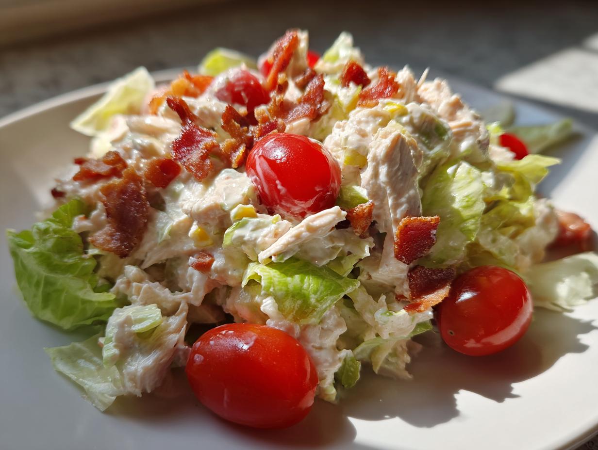 A serving of creamy BLT chicken salad mixed with lettuce, topped with crispy bacon bits and bright red cherry tomatoes.