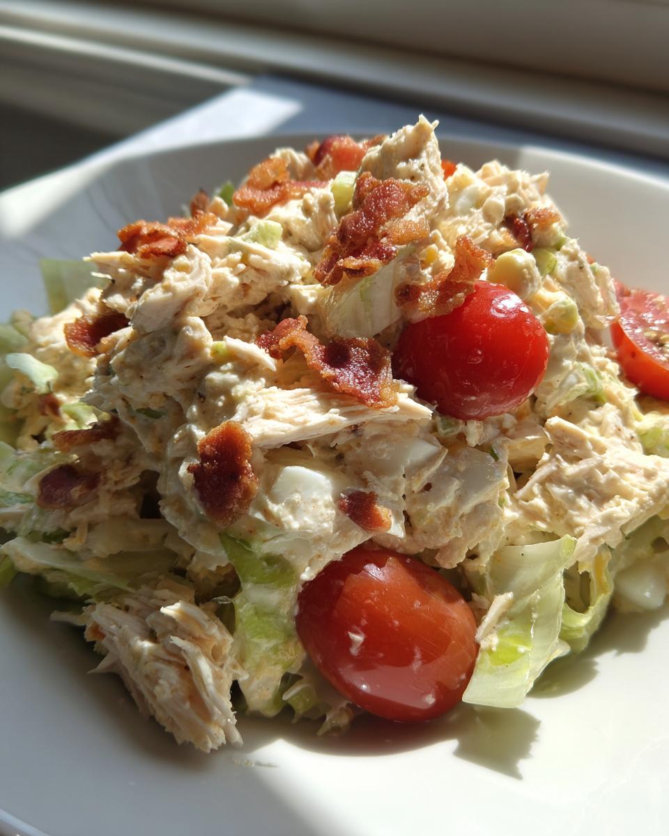 A close-up of a scoop of creamy BLT chicken salad served over lettuce, topped with bacon bits and cherry tomatoes.