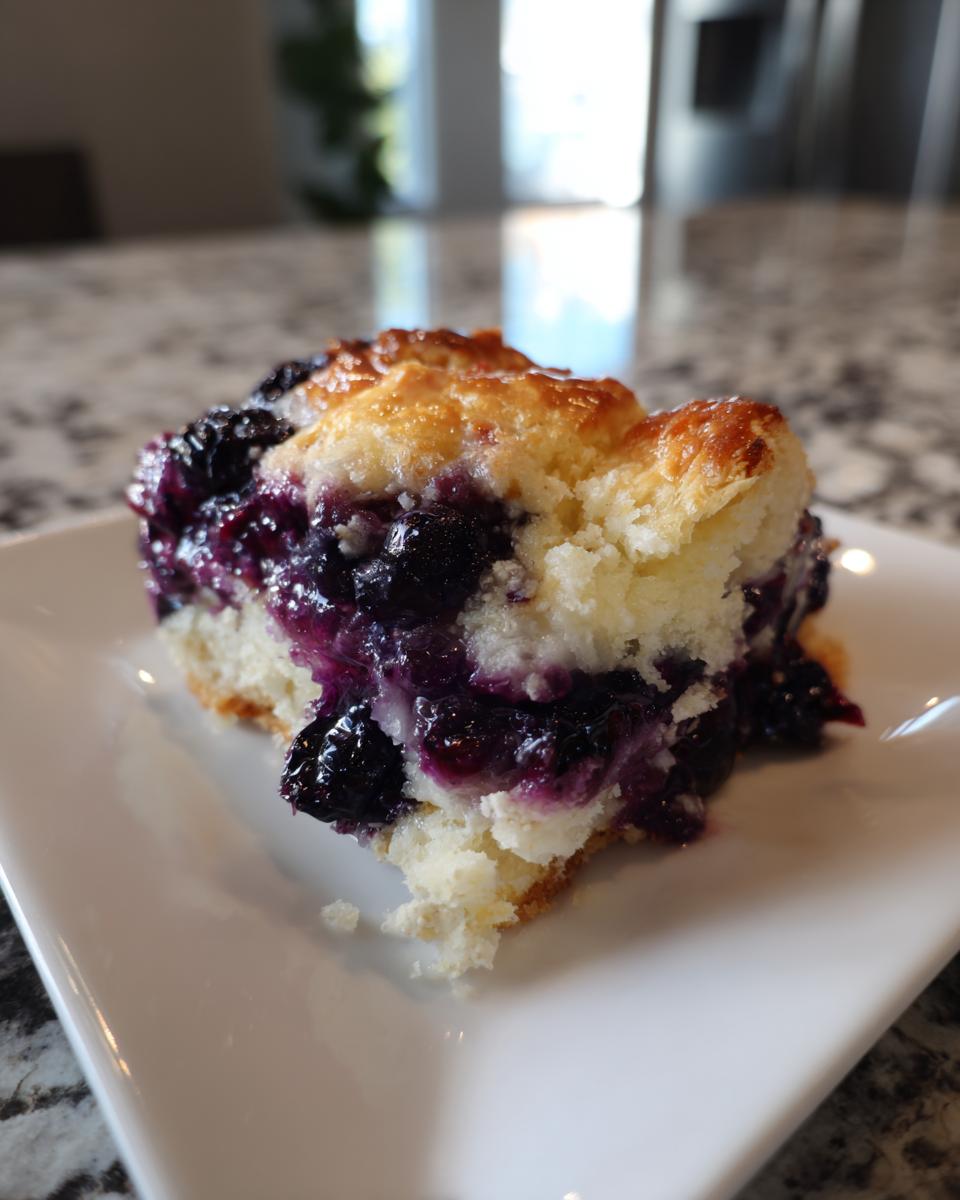 Close-up of a single, thick slice from a blueberry pie recipe showing gooey, dark purple filling and golden crust.