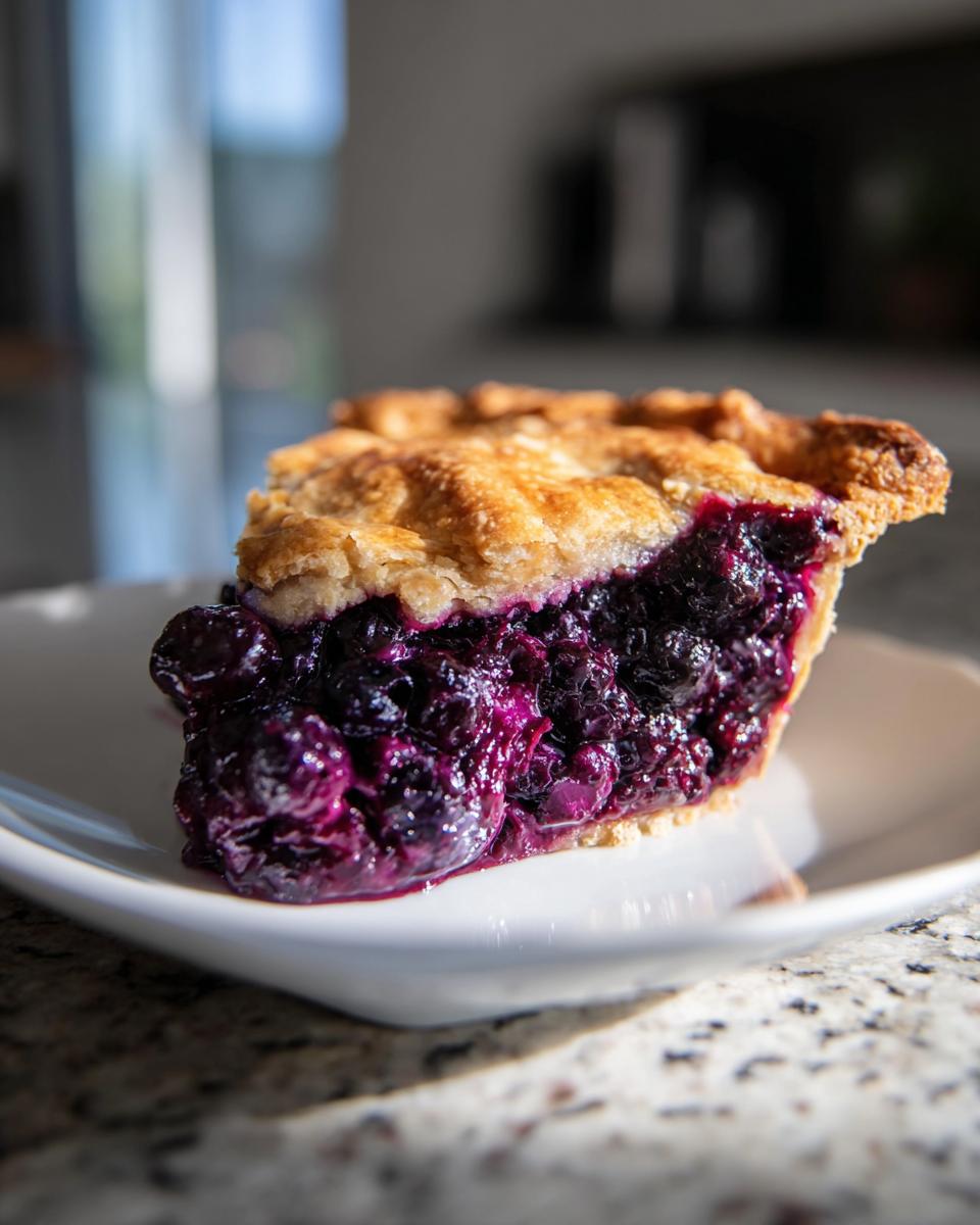 Close-up of a thick, juicy slice of blueberry pie recipe showing the deep purple filling and flaky crust.