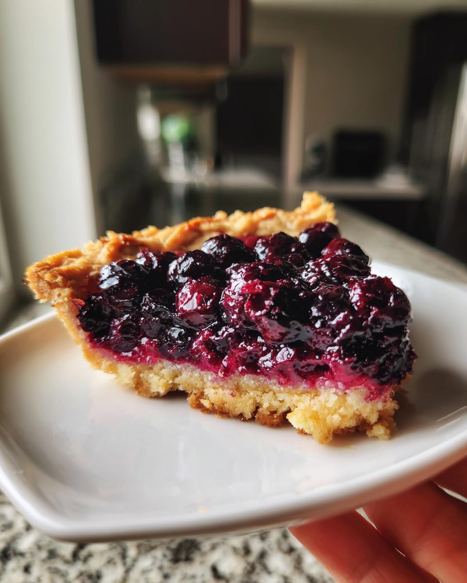 Close-up of one perfect slice of blueberry pie recipe showing the thick, jammy filling and golden crust.