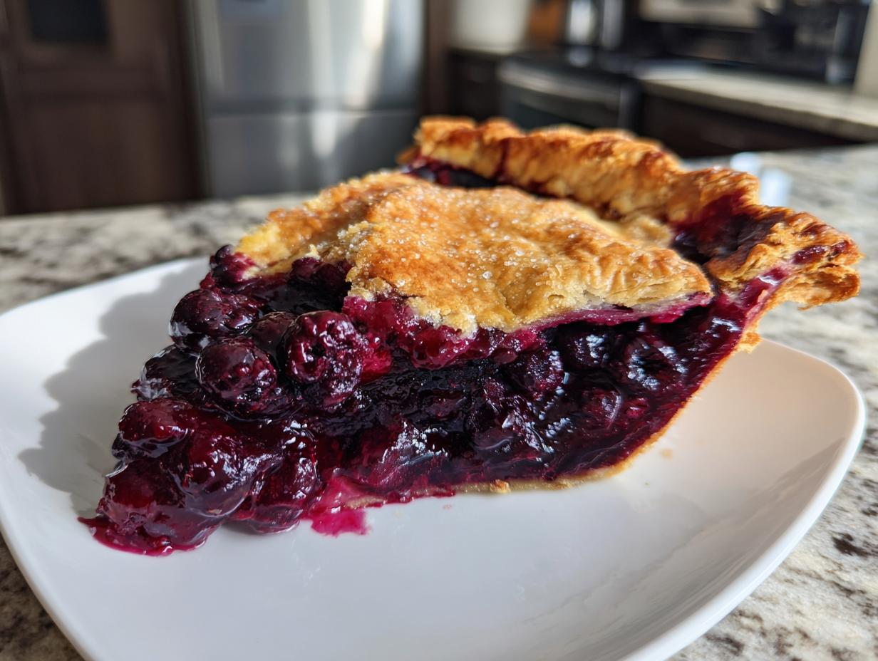 Close-up of a thick slice of homemade blueberry pie recipe showing juicy filling and flaky crust.