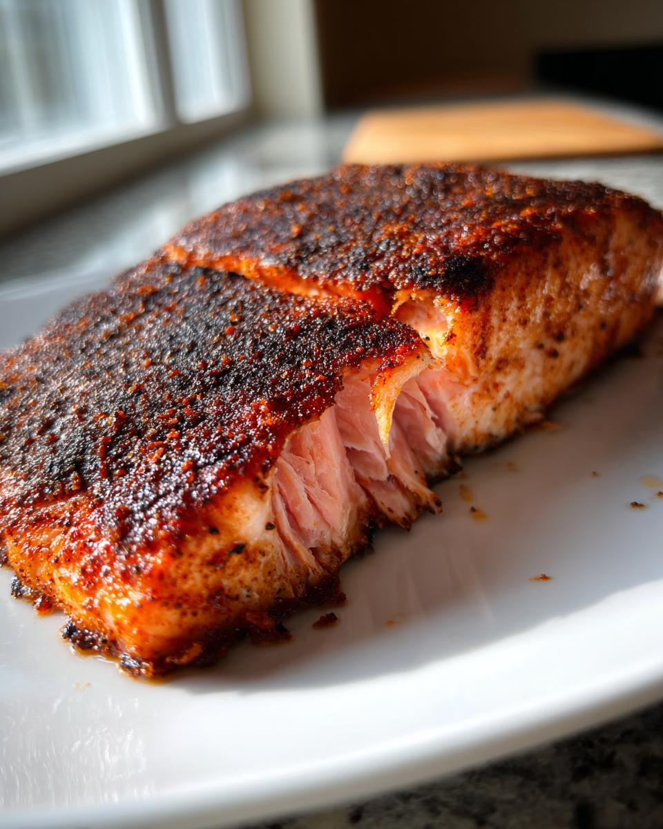 Close-up of a flaky, perfectly cooked blackened salmon fillet showing the rich spice crust and moist interior.