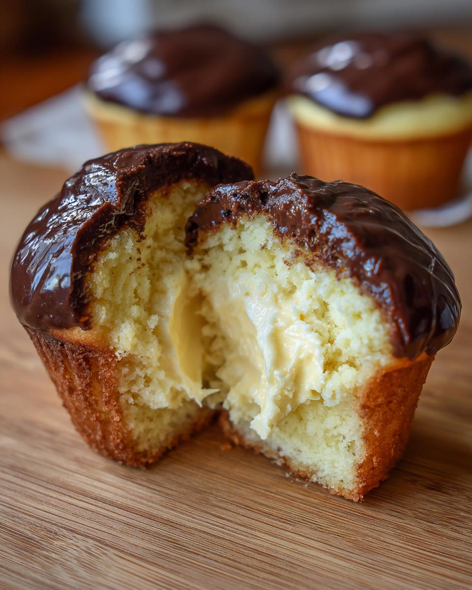 A close-up of a boston cream pie cupcake cut in half, revealing vanilla cake and creamy custard filling, topped with chocolate glaze.