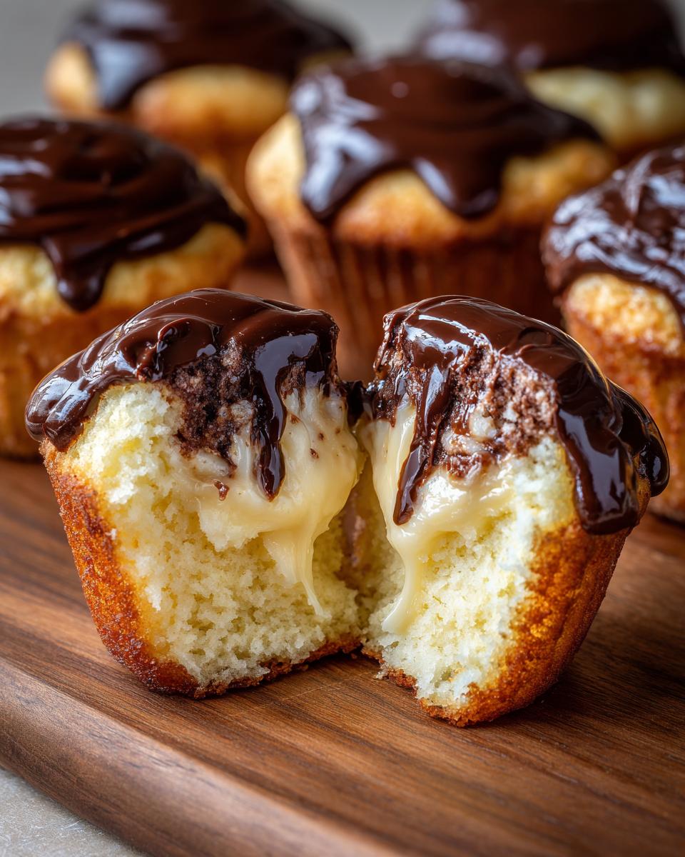 A boston cream pie cupcake cut in half showing the vanilla cream filling oozing out under chocolate ganache.