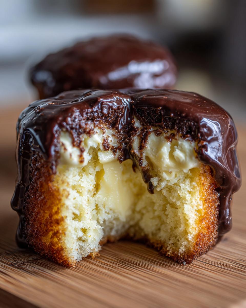 Close-up of a boston cream pie cupcake with a bite taken out, revealing vanilla cream filling and chocolate glaze.