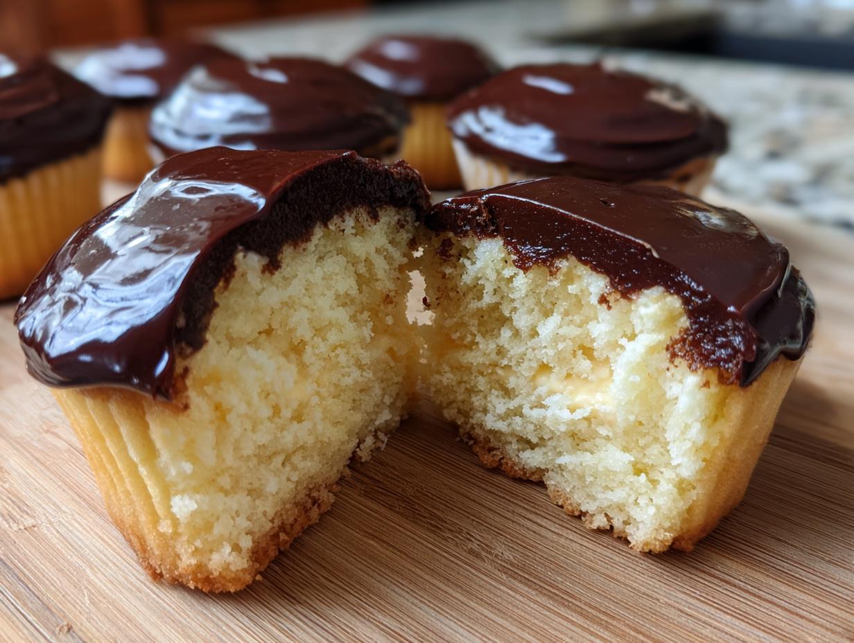 A boston cream pie cupcake cut in half showing the vanilla cake, pastry cream filling, and shiny chocolate ganache topping.