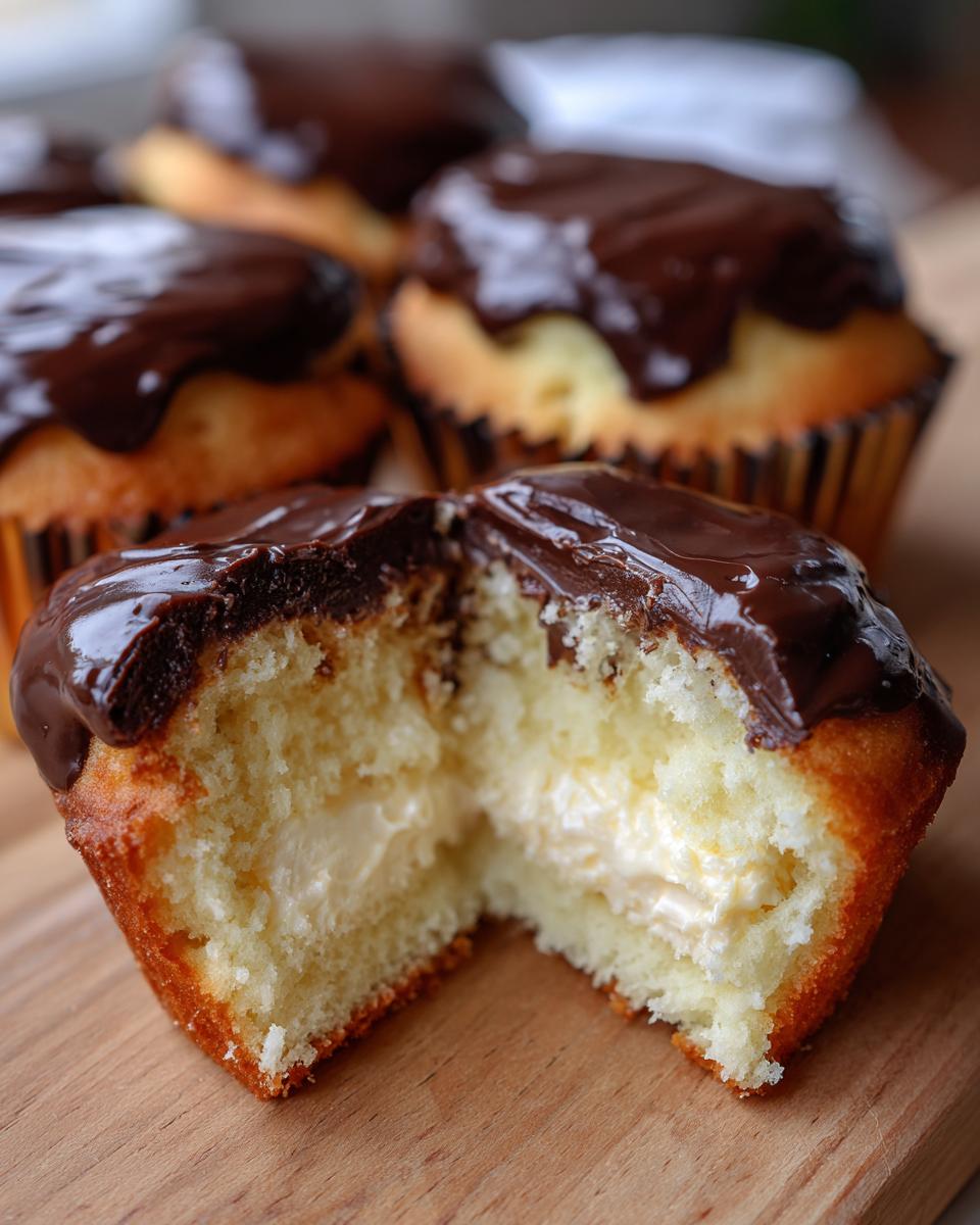 Close-up of a boston cream pie cupcake cut in half showing vanilla cake, pastry cream filling, and chocolate ganache topping.