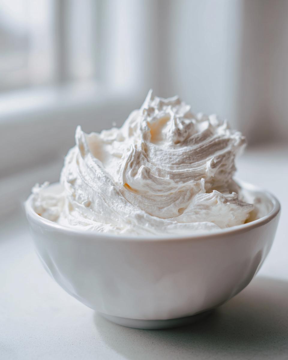 A white bowl filled with stiff, perfectly piped gingerbread house icing against a bright, soft background.