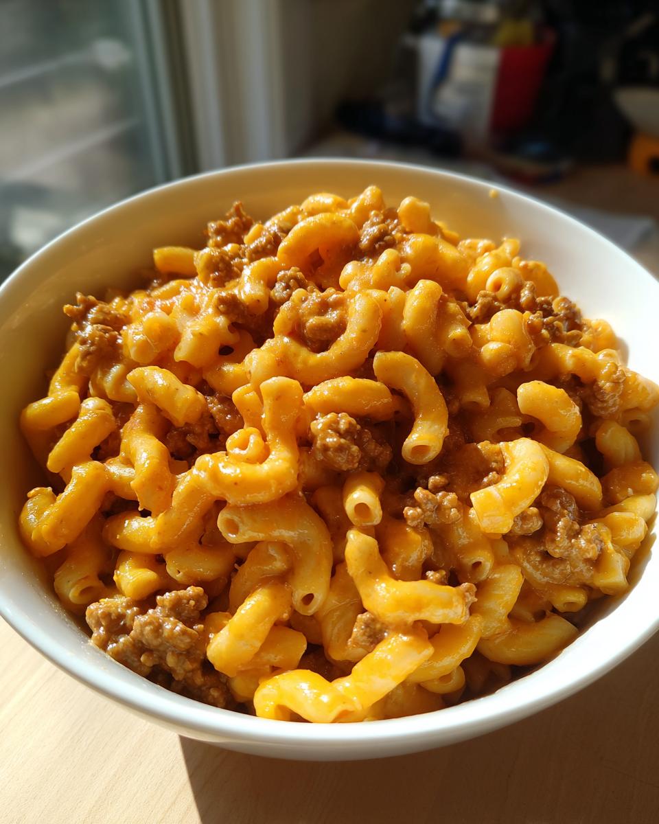 Close-up of a white bowl filled with creamy, cheesy homemade hamburger helper mixed with ground beef.