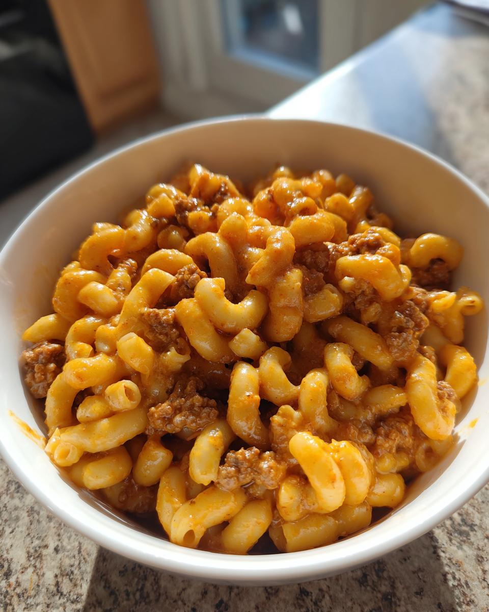 Close-up of a white bowl filled with creamy, cheesy homemade hamburger helper mixed with ground beef and elbow macaroni.