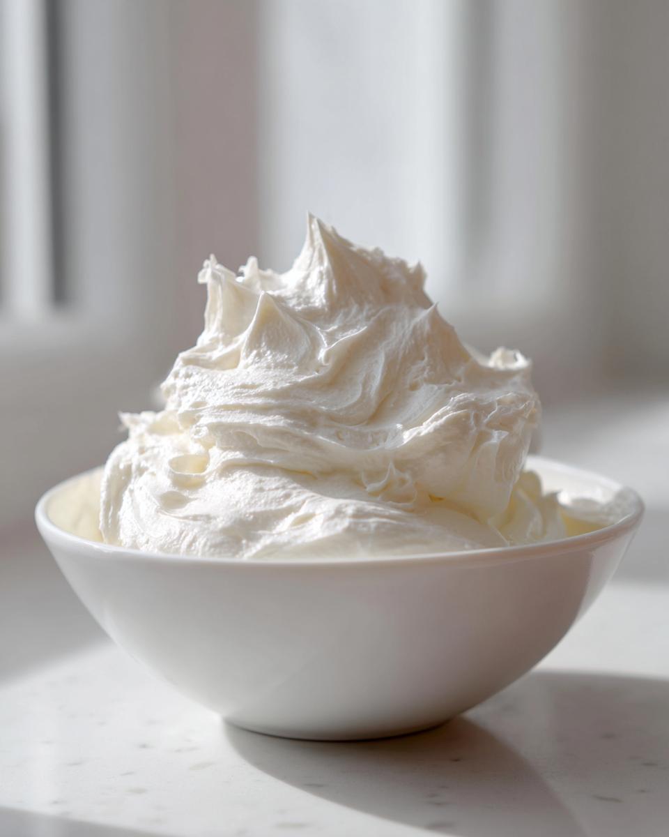 A white bowl filled with stiff, perfectly piped gingerbread house icing, ready for decorating.