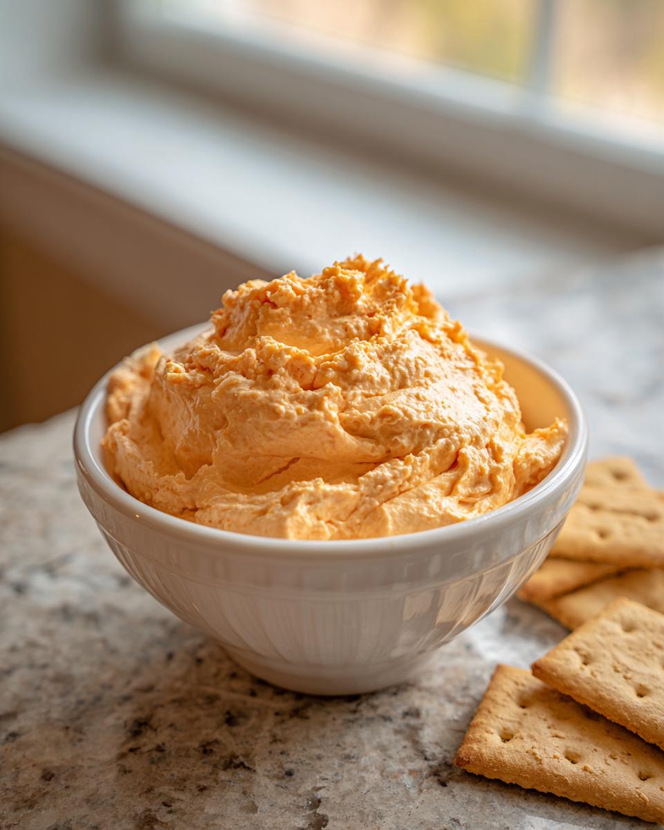 A white bowl filled high with bright orange pumpkin fluff dip, served next to graham crackers on a granite counter.