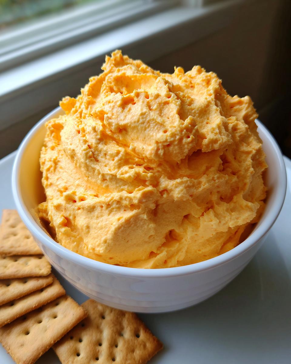 A white bowl filled with bright orange, fluffy pumpkin fluff dip served alongside square crackers.