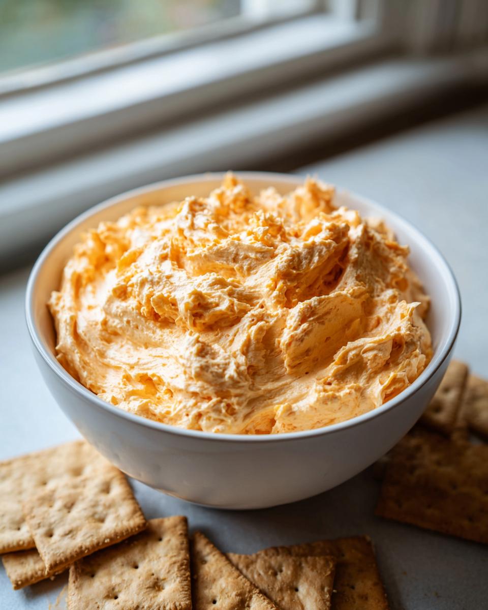 A white bowl filled with fluffy, orange pumpkin fluff dip, surrounded by square crackers.