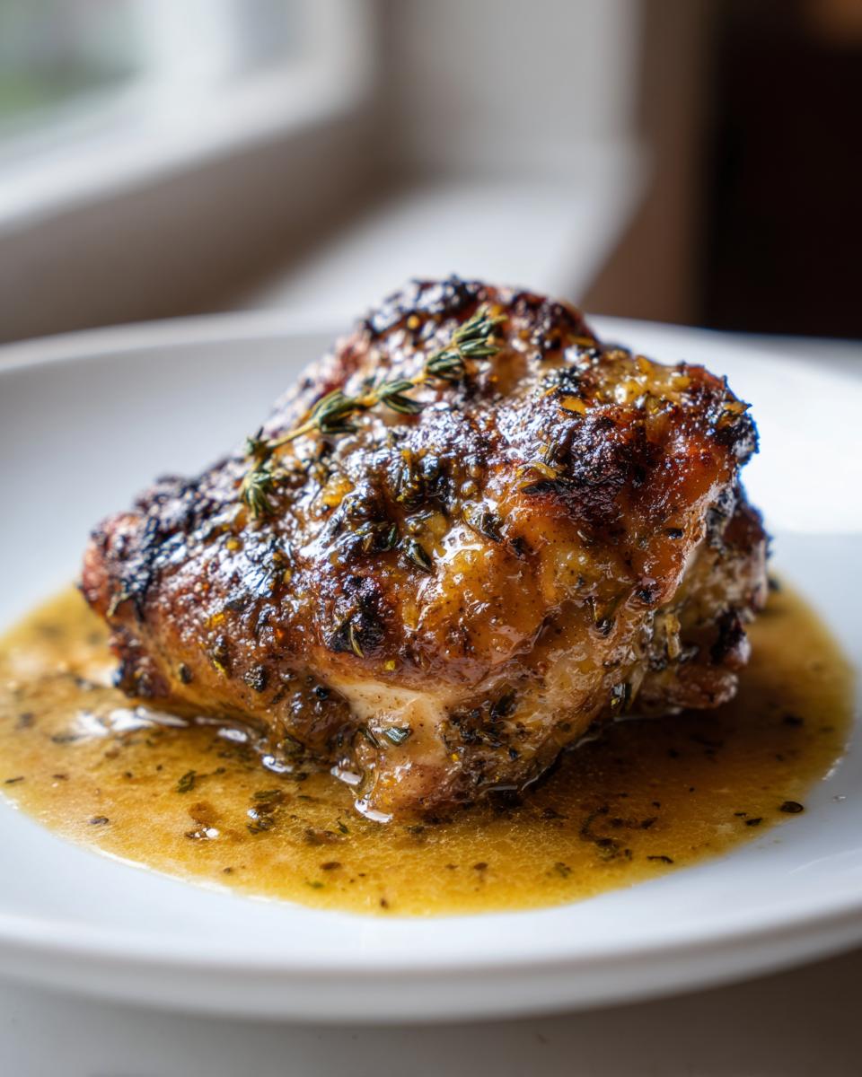 Close-up of a single, perfectly cooked braised chicken thighs piece resting in its savory pan sauce, garnished with thyme.