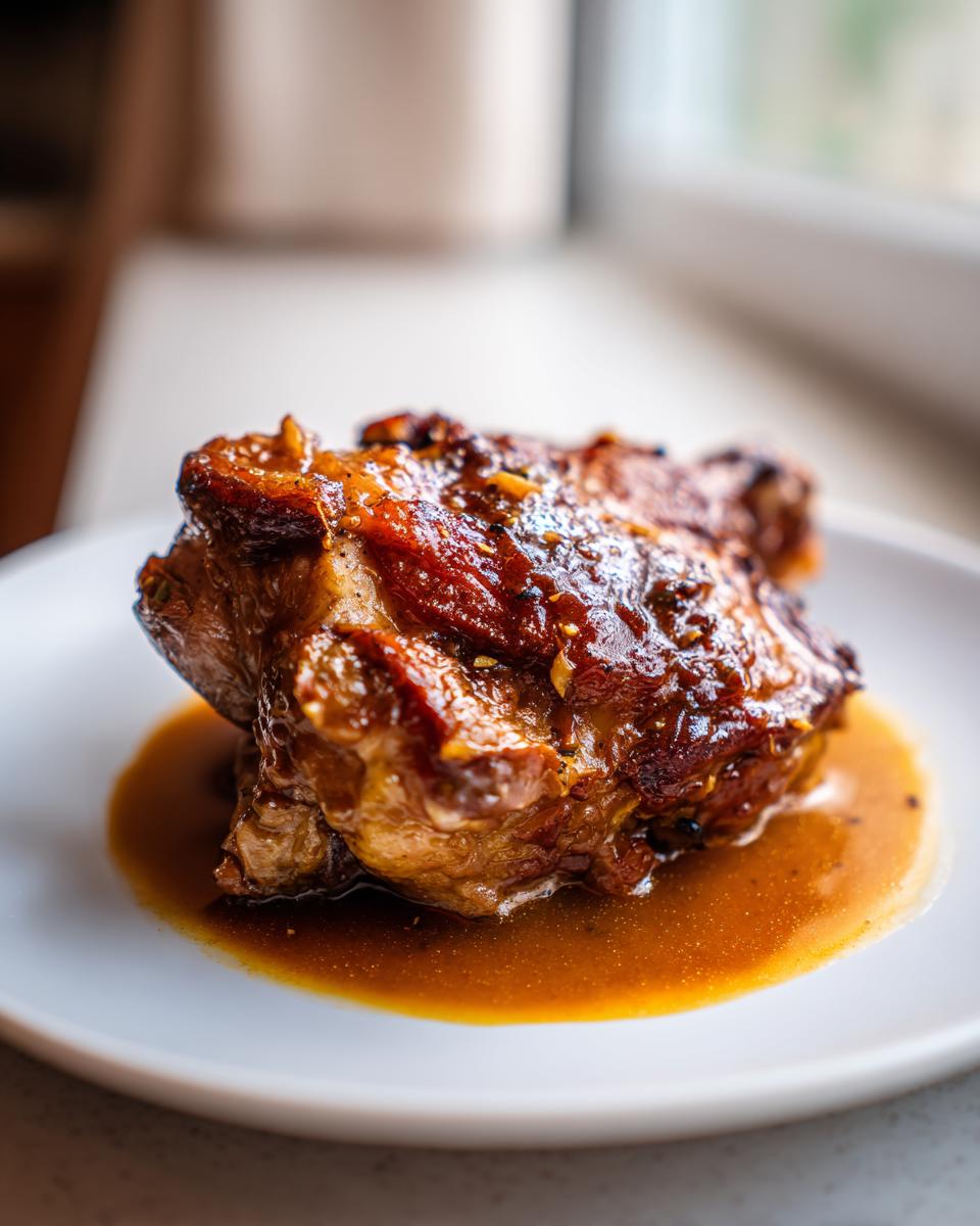 Close-up of a perfectly cooked, glazed braised chicken thigh resting in rich brown sauce on a white plate.