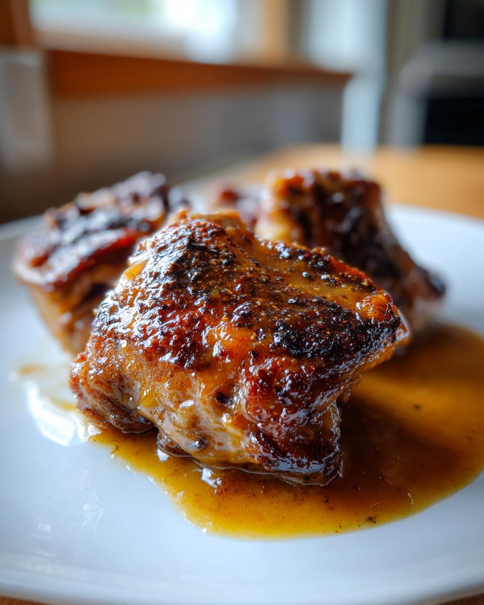 Close-up of perfectly glazed braised chicken thighs resting in a pool of savory sauce on a white plate.