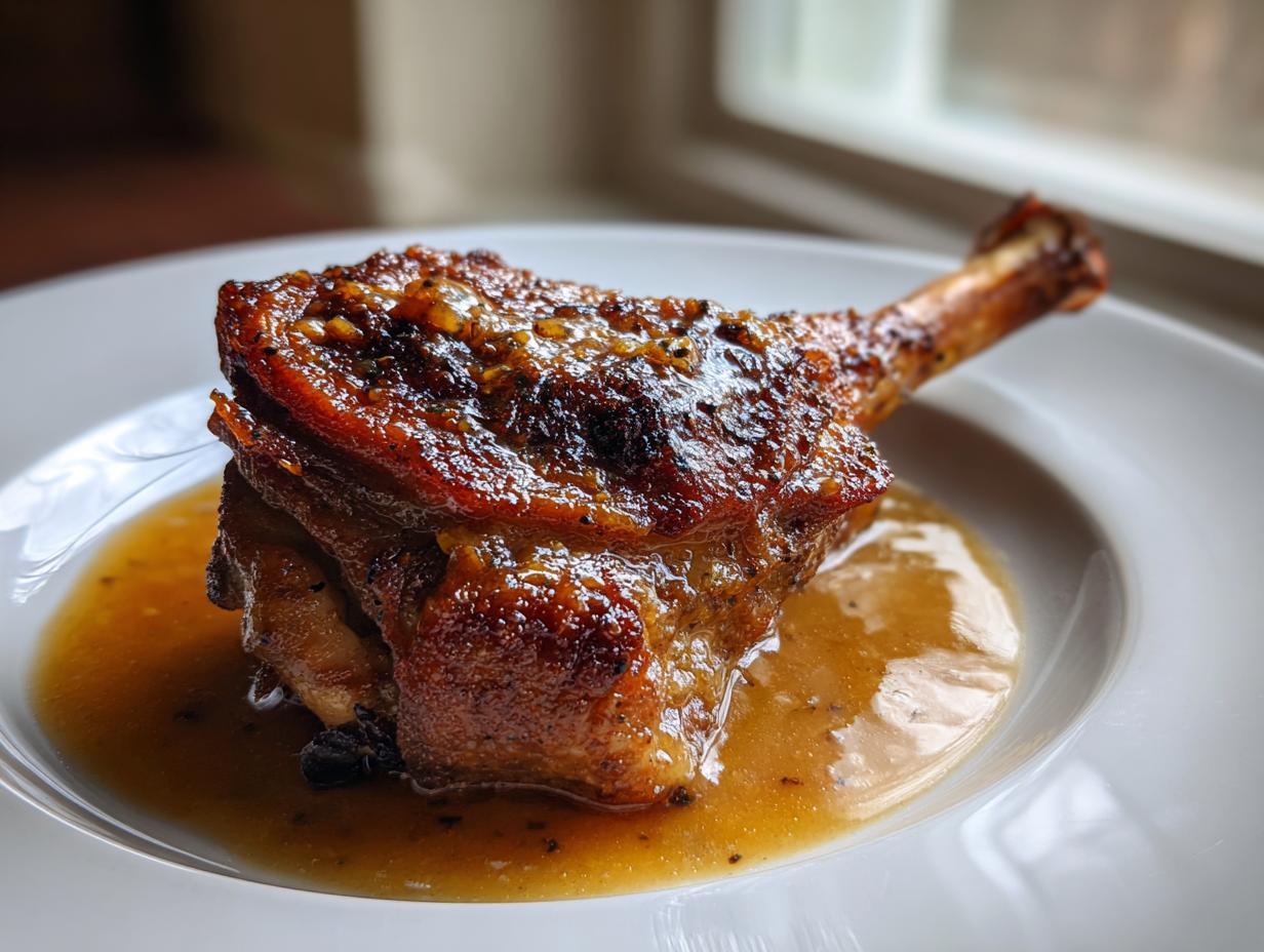 Close-up of a single, deeply browned braised chicken thighs leg quarter resting in a rich, savory sauce on a white plate.