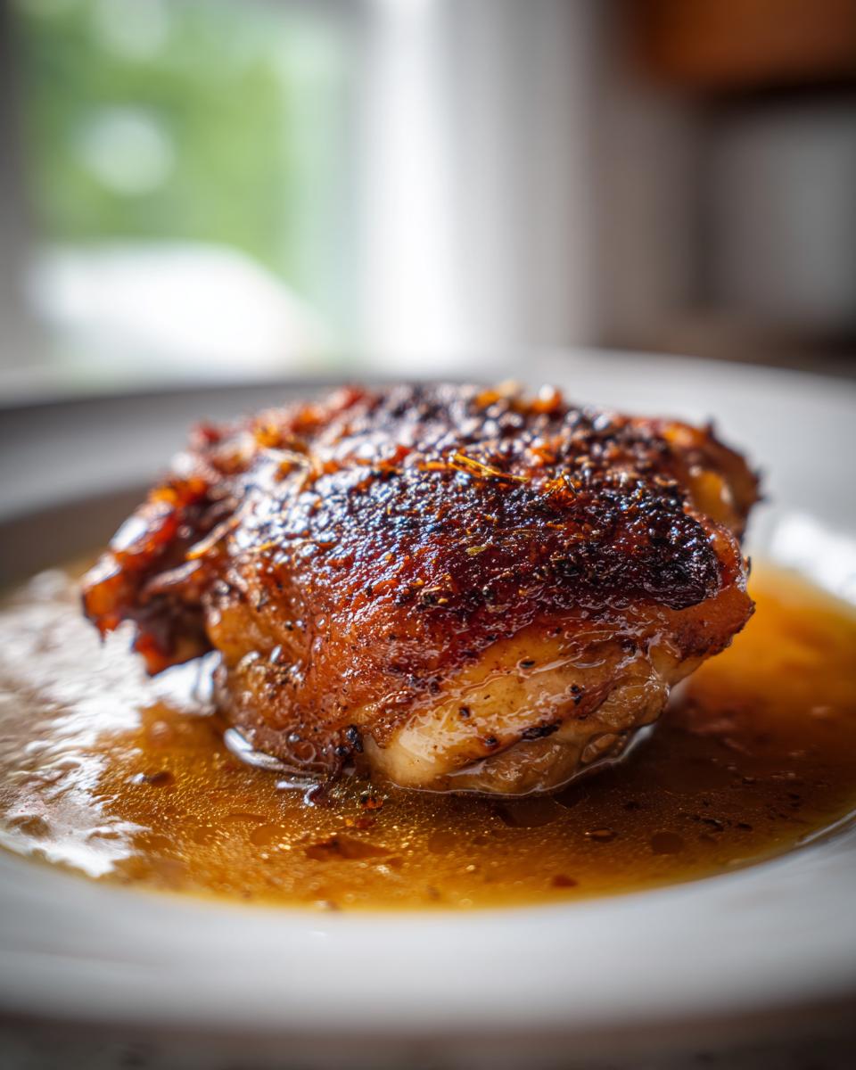Close-up of a single, perfectly seared braised chicken thigh resting in rich brown sauce on a white plate.