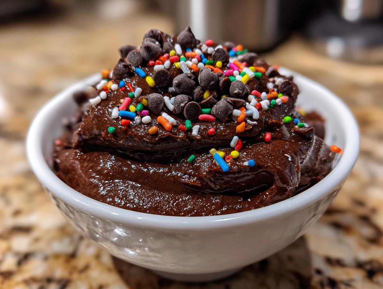 A close-up of rich, dark brownie batter dip topped generously with chocolate chips and colorful rainbow sprinkles.