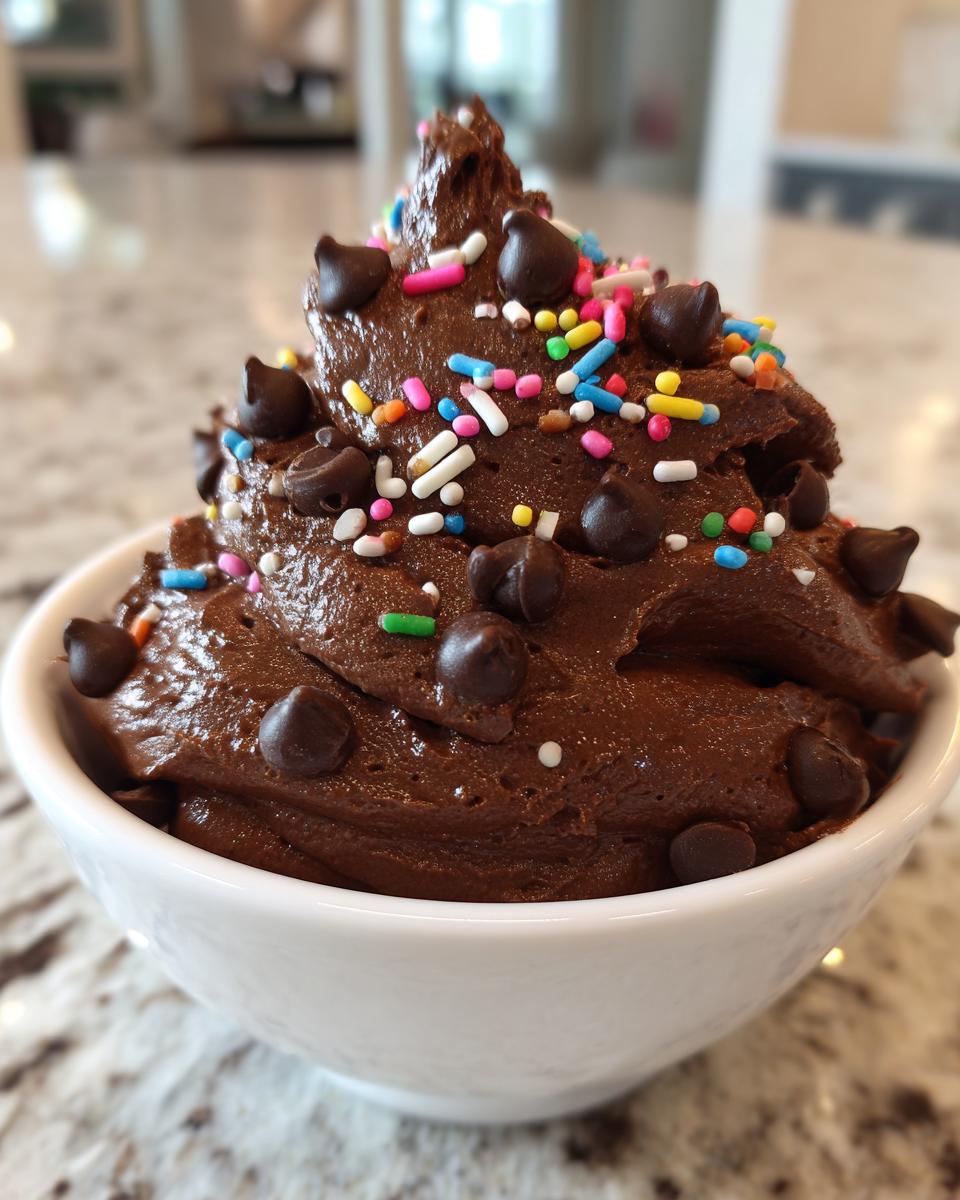 A close-up of rich, thick brownie batter dip topped with mini chocolate chips and colorful sprinkles in a white bowl.