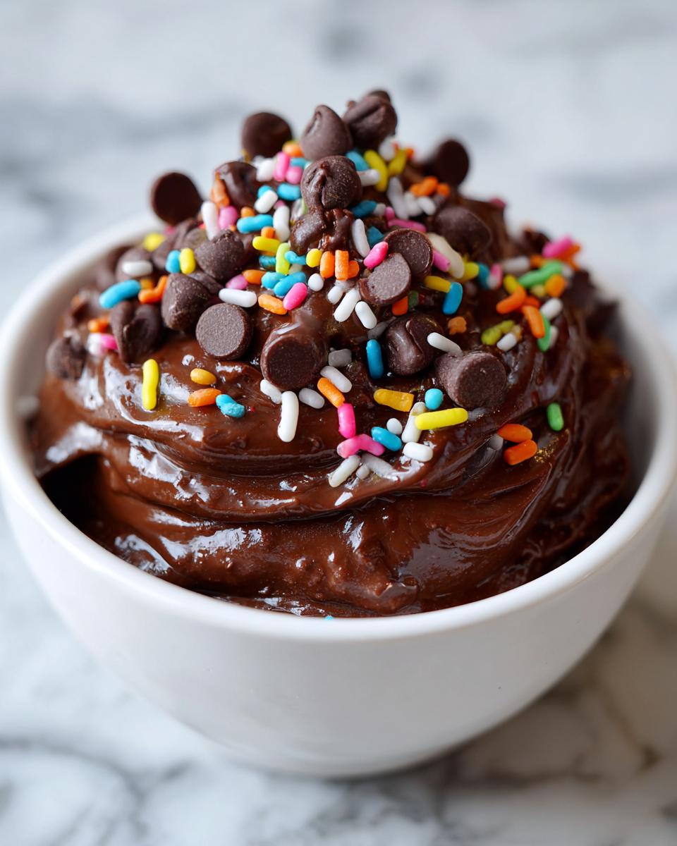 Close-up of rich brownie batter dip in a white bowl, topped with chocolate chips and colorful sprinkles.
