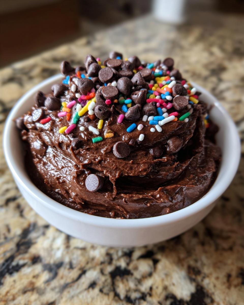 A close-up of rich, thick brownie batter dip topped generously with chocolate chips and colorful rainbow sprinkles.