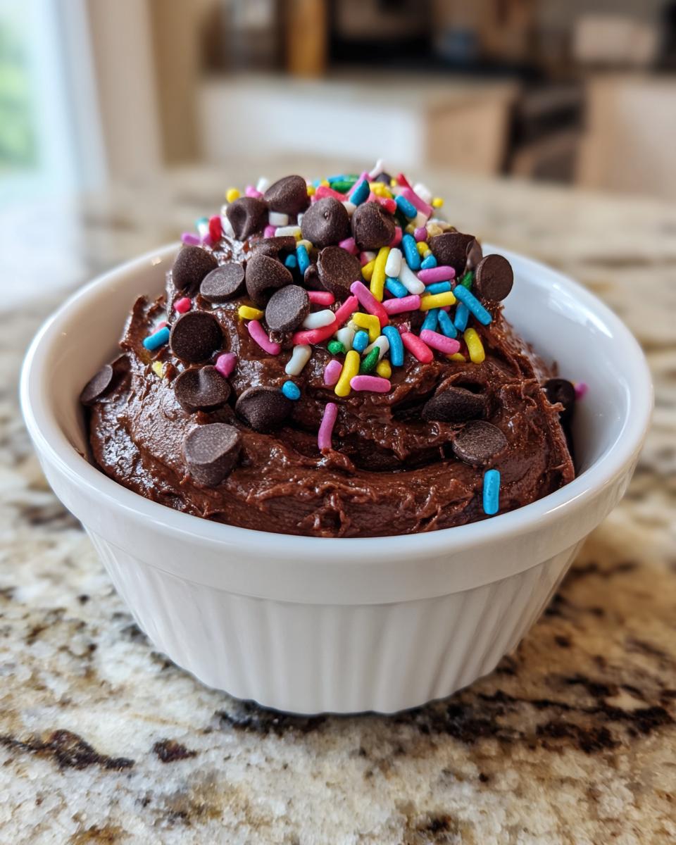 A serving of rich, chocolate brownie batter dip topped with chocolate chips and colorful sprinkles.