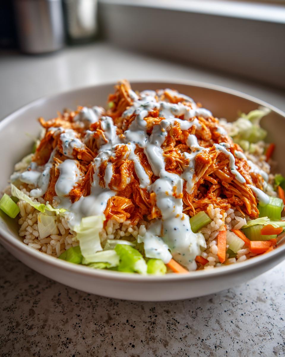 A close-up of a buffalo chicken bowl featuring shredded buffalo chicken, brown rice, celery, carrots, and a generous drizzle of ranch dressing.