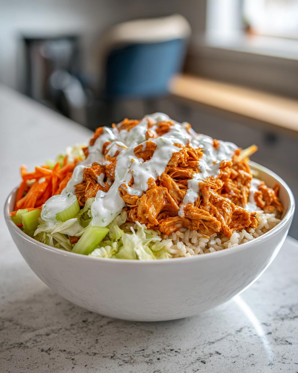 A white bowl filled with a buffalo chicken bowl featuring shredded buffalo chicken, ranch dressing, rice, celery, and carrots.