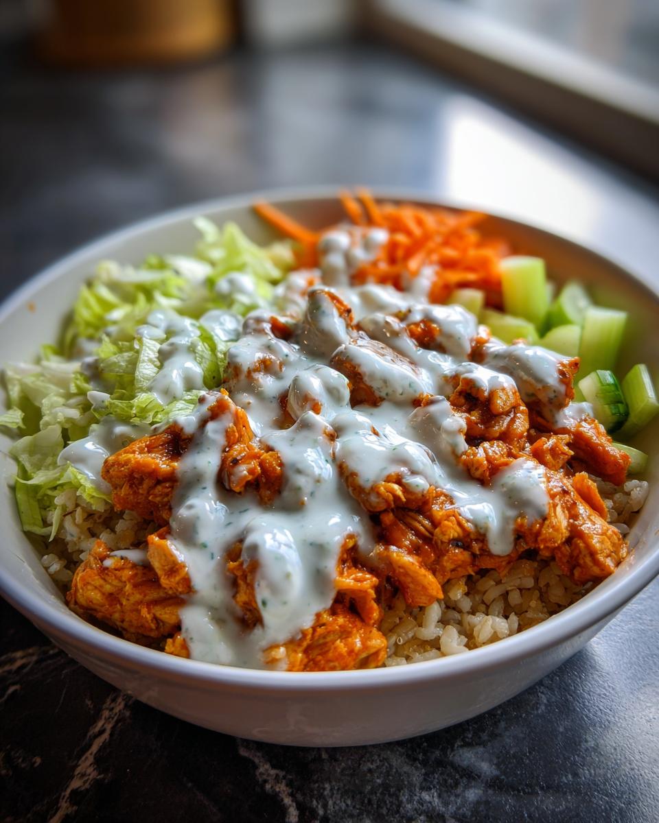 A close-up of a buffalo chicken bowl featuring orange sauced chicken, rice, lettuce, carrots, celery, and ranch dressing.