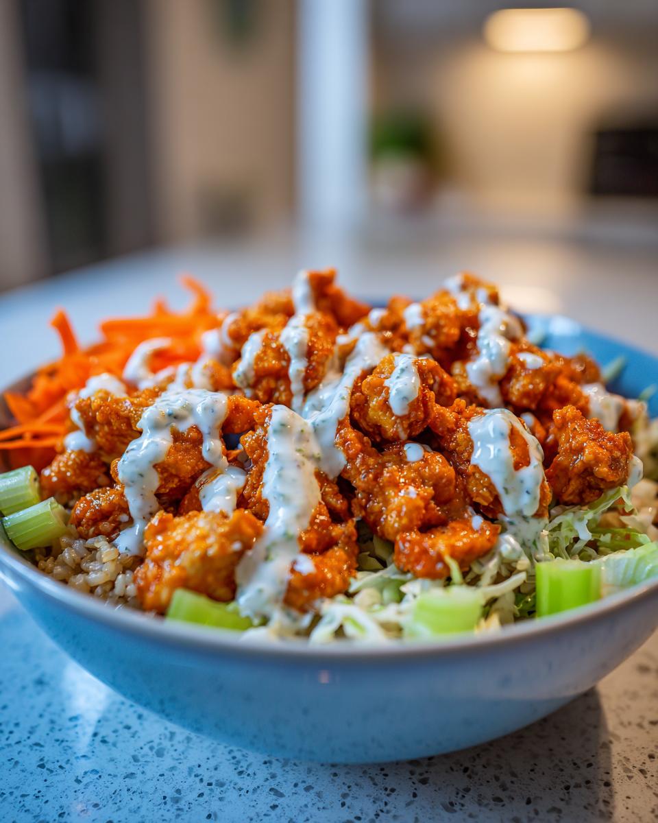 Close-up of a buffalo chicken bowl featuring crispy orange chicken pieces drizzled with ranch dressing over rice and vegetables.