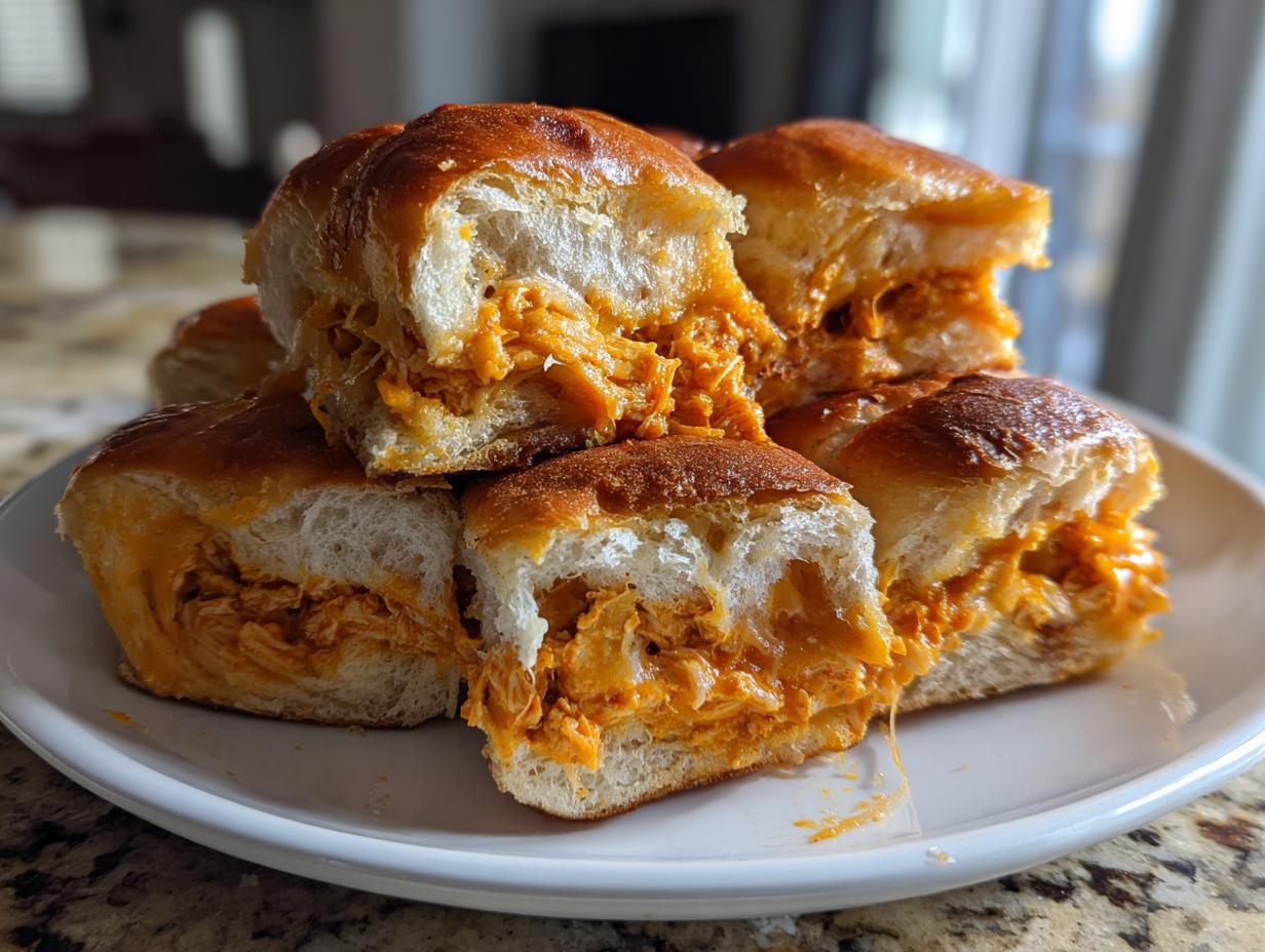 A stack of halved buffalo chicken sliders showing the shredded, saucy filling inside soft, golden rolls.