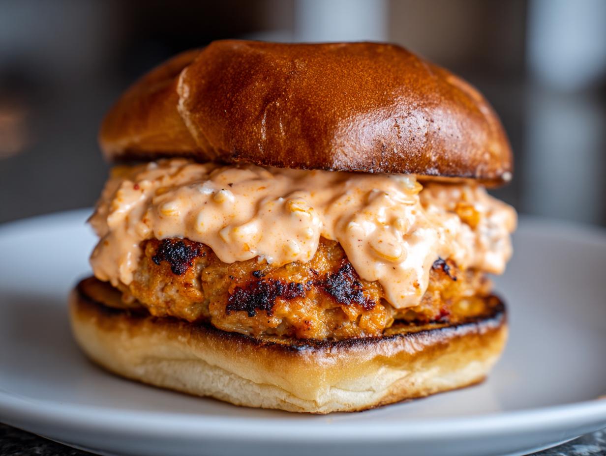 Close-up of a juicy burger patty generously topped with thick, creamy burger sauce on a toasted brioche bun.