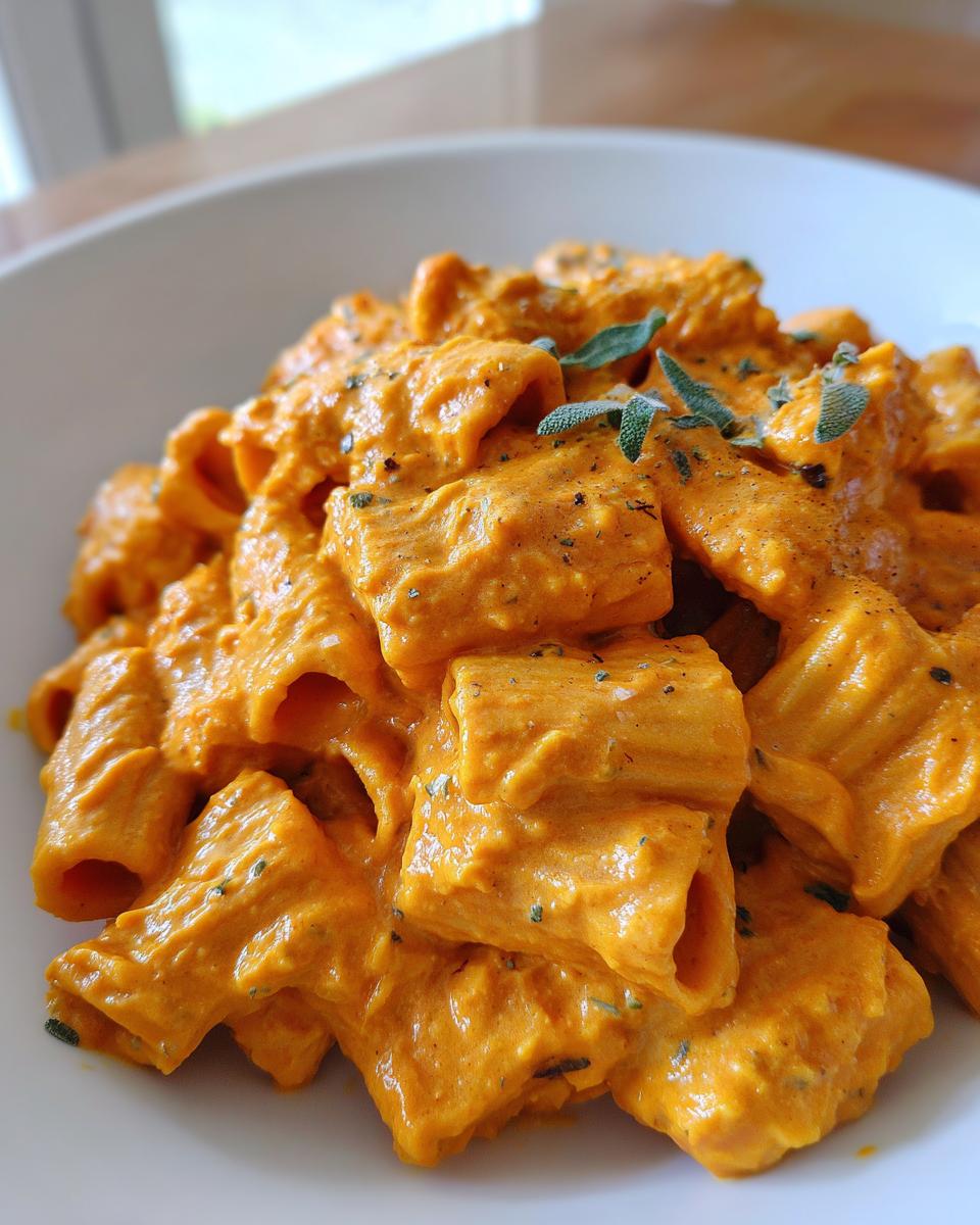 Close-up of rigatoni pasta coated in a rich, orange butternut squash pasta sauce, garnished with fresh sage.