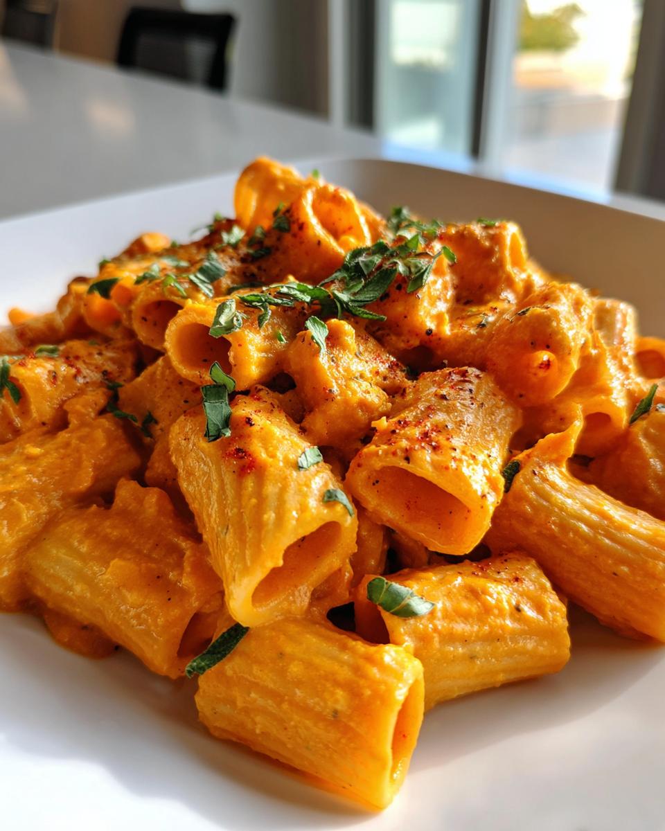 Close-up of rigatoni pasta coated in a vibrant orange butternut squash pasta sauce, garnished with herbs.