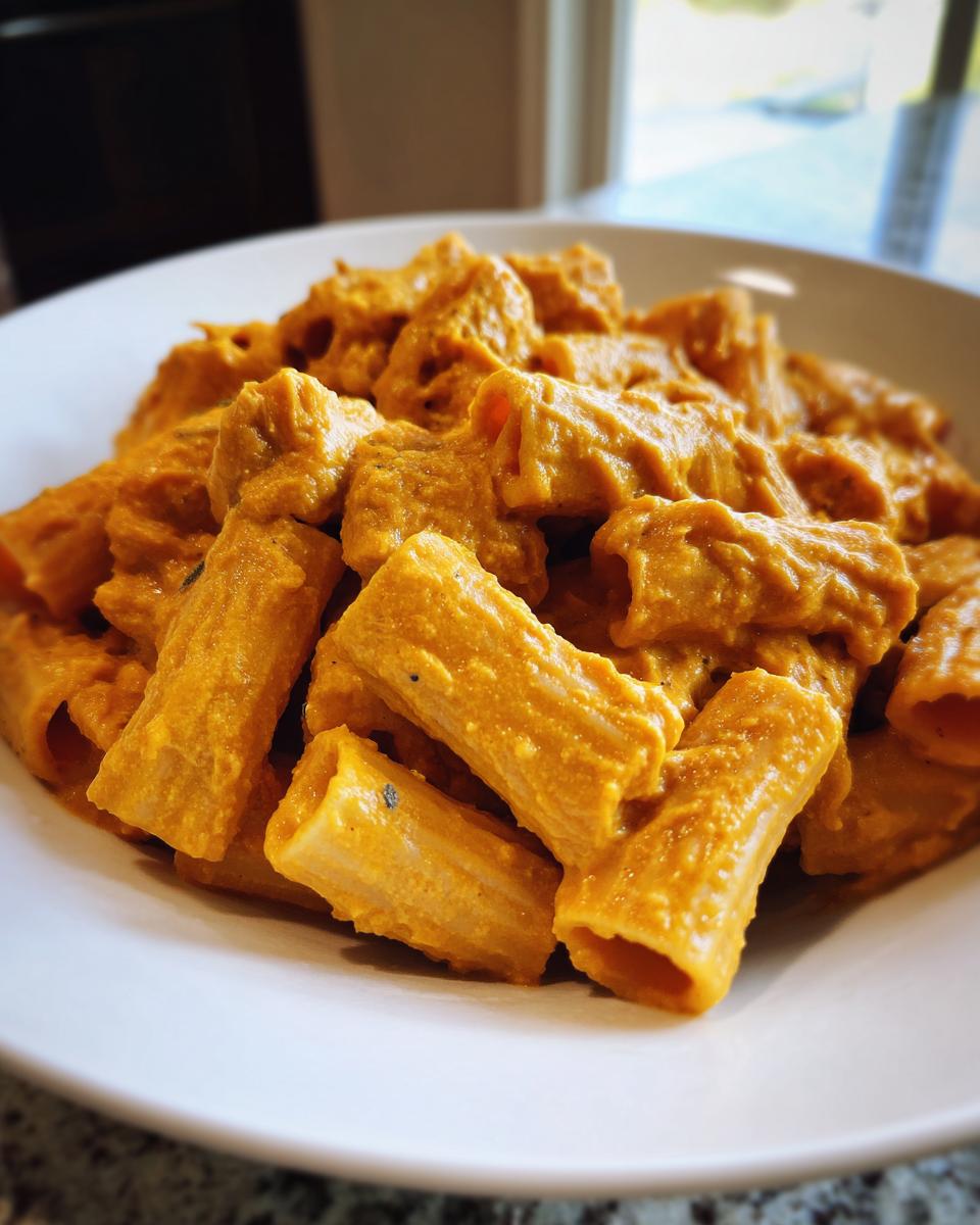 A close-up of rigatoni pasta generously coated in a rich, orange butternut squash pasta sauce served on a white plate.